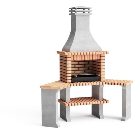 MOVELAR - Barbacoa de Obra Prefabricada de Leña y Carbón Modelo Roma 2 Side Tables Corner (Gris, Naranja - 160 x 58 x 240 cm) REF: 3800/1 - Cocina de Exterior para Jardín o Patio