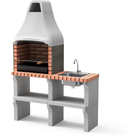 MOVELAR - Barbacoa de Obra Prefabricada de Leña y Carbón Modelo New Iberia Plus XL con Soporte Lateral y Fregadero (Gris, Naranja - 128 x 47 x 190 cm) REF: M00050 - Cocina de Exterior para Jardín o Pa