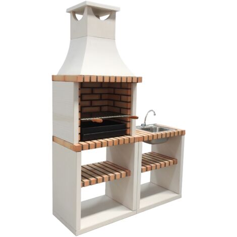 MOVELAR - Barbacoa de Obra Prefabricada de Leña y Carbón Modelo Nola Plus con Soporte Lateral y Fregadero (Blanco, Naranja - 141 x 47 x 221 cm) REF: M00141 - Cocina de Exterior para Jardín o Patio