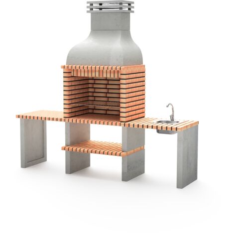 MOVELAR - Barbacoa de Obra Prefabricada de Leña y Carbón Modelo Altea (Gris, Naranja - 268 x 70 x 255 cm) REF: M00041 - Cocina de Exterior con Lavabo para Jardín y Terraza (1/2)