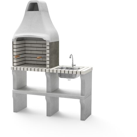 MOVELAR - Barbacoa de Obra Prefabricada de Leña y Carbón Modelo New Iberia Plus XL con Soporte Lateral y Fregadero (Gris, Beige - 128 x 47 x 190 cm) REF: M00467 - Cocina de Exterior para Jardín o Pati