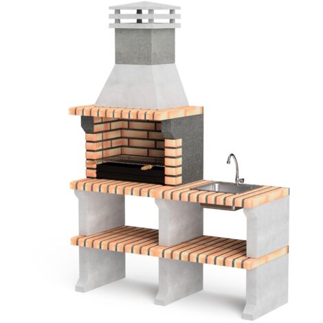 MOVELAR - Barbacoa de Obra Prefabricada de Leña y Carbón Modelo Liz Plus XL con Lavabo y Grifo (Gris, Naranja - 142 x 58 x 210 cm) REF: M00481 - Cocina de Exterior con Fregadero para Jardín y Terraza