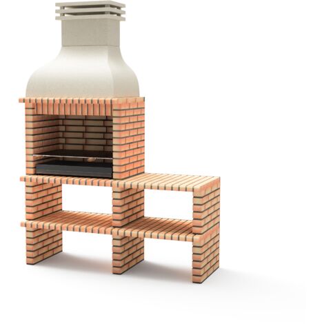MOVELAR - Barbacoa de Obra Prefabricada para Leña y Carbón Modelo BENHADDOU PLUS con CABALLETE LATERAL COMPLETO y con Parrilla (Naranja/Beige - 178 x 70 x 262 cm) REF: M01031 - Uso en Exteriores