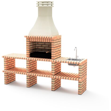 MOVELAR - Modulo para Barbacoa de Obra Modelo KHIVA PLUS con 2 SOPORTES LATERALES COMPLETOS con Fregadero y Grifo y con BRASERO (Naranja/Beige - 239 x 58 x 246 cm) REF: M01027 - Uso en Exteriores
