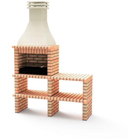MOVELAR - Barbacoa de Obra Prefabricada para Leña y Carbón Modelo BBQ KHIVA PLUS con CABALLETE LATERAL COMPLETO y con Parrilla (Naranja/Beige - 164 x 58 x 246 cm) REF: M01023 - Uso en Exteriores