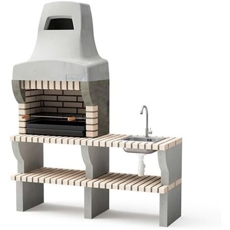 MOVELAR - Barbacoa de Obra Prefabricada con Caballete lateral Bailen Plus 1 con skink&tap (Beige, Gris - 165 x 58 x 58 cm) - Uso en Exteriores
