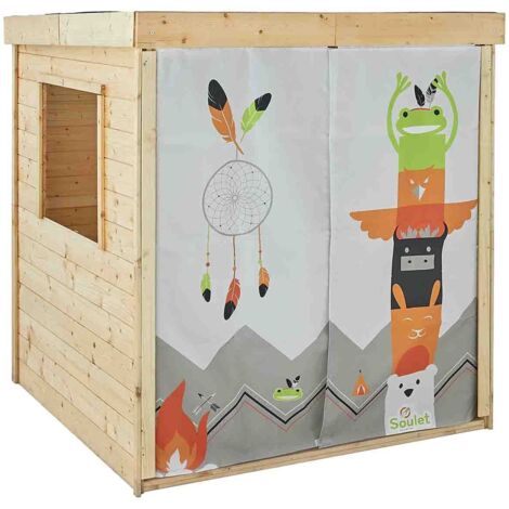 SOULET - Casita de Madera Infantil con Cortina Indian 135x120x145 cm - Casita de Juegos para Niños - Cabaña de Madera para Jardín - Diseño Temático de Tribu Indígena - Personalizable y Fácil Montaje