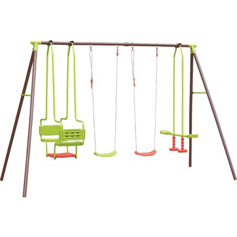 SOULET - Columpio Cuádruple de Acero Marrón y Verde Malo con 2 Asientos Individuales, Balancín y Góndola - 3,35 m x 1,95 m x 2,20 m​