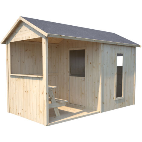 SOULET - Casita de Madera Infantil con Mesa Jazz 180x180x145 cm - Casita de Jardín para Niños con Mesa Integrada - Madera Natural Personalizable - Fácil Montaje