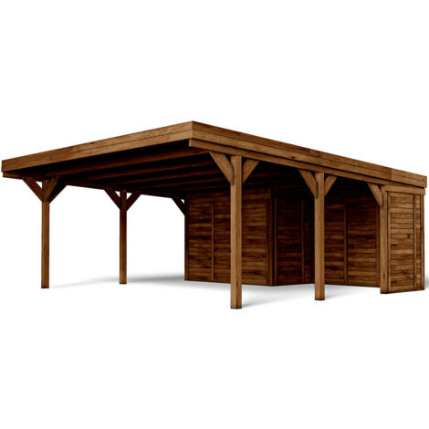 FOREST STYLE - Cochera Doble León con Anexo 39 m² (8,06 x 4,82 x 2,57 m) – Madera de Pino Tratada – Techo de Policarbonato – Aparcamiento Cubierto con Espacio de Almacenaje – Estructura Robusta y Dura