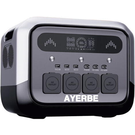 Estación de Energía Ayerbe AY-1024 Wh / 1200 W con Batería LiFePO4, Salida AC 1200 W, USB-C 100 W, Recarga Solar y Red Eléctrica, para Uso Profesional