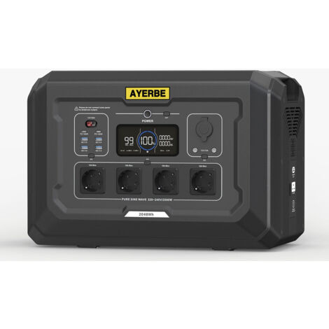 Estación de Energía Ayerbe AY-2048 Wh / 2500 W con Batería LiFePO4, Salida AC 2500 W, USB-C 100 W, Recarga Solar 2100 W y Red Eléctrica, para Uso Profesional