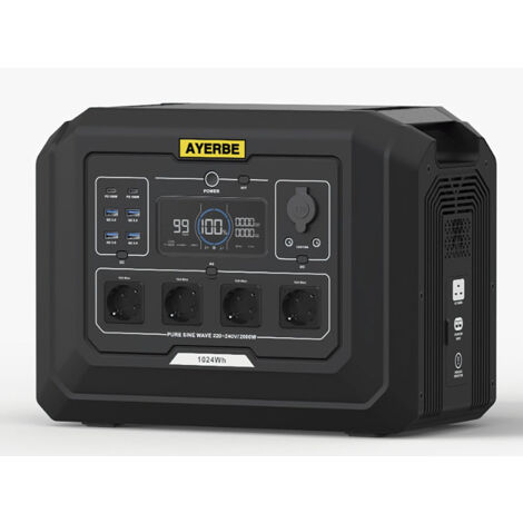 Estación de Energía Ayerbe AY-1024 Wh / 2000 W con Batería LiFePO4, Salida AC 2000 W, USB-C 100 W, Recarga Solar y Red Eléctrica, para Alta Potencia