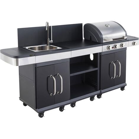 MF - Conjunto Cocina Exterior FIDGI 3 Quemadores + Aparador + Fregadero - Plancha y Parrilla Hierro Fundido Barbacoa Para 8 Comensales