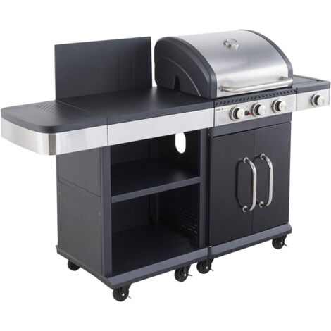 MF - Barbacoa de Gas FIDGI 3 Quemadores + Aparador Plancha Lateral - Plancha y Parrilla Hierro Fundido Cocina Exterior para 10 Personas