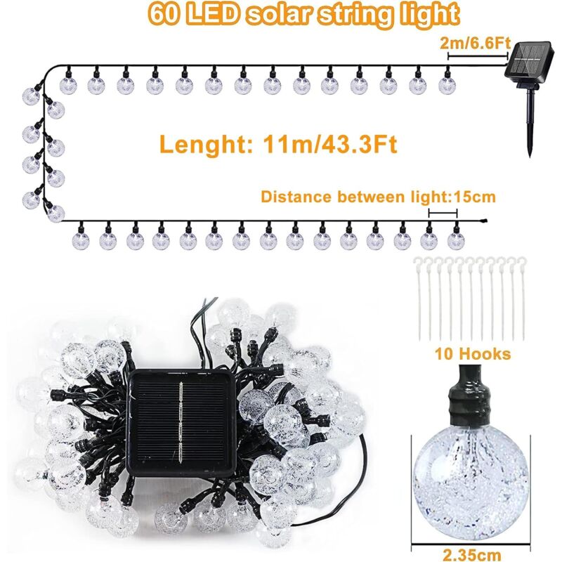 Guirlande Lumineuse Solaire, 11M 60 LED Cristal Guirlande Solaire