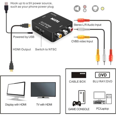 Adaptateur RCA Vers HDMI – Convertisseur Vidéo Composite 3RCA En HDMI 1080p, Pour Vieux Lecteurs, Consoles, Caméras - 8