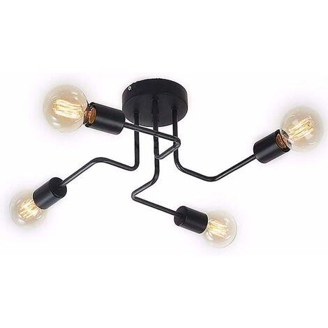 Plafonnier industriel en métal, plafonnier vintage E27 pour chambre salon cuisine, noir sans ampoule [Classe énergétique A ++] - 4 lampes - RWÉclairage / éclairage intérieur / plafonnier intérieur