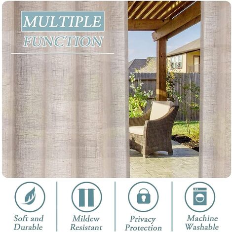 Rideau d'extérieur, Rideau Extérieur pour Patio, Dessus De Languette Collante Détachable pour Une Suspension Facile Et Non-Glissant, Pont Extérieur Imperméable (132x213 cm - 2pcs, Naturel)