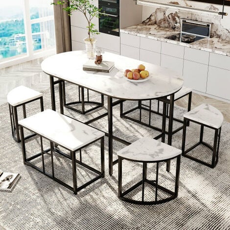 Ensemble table à manger GEORGIA 140 cm blanche et grise et 6 chaises ROMANE  grises