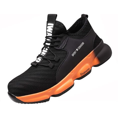 Chaussures de Sécurité pour Homme Femme, Standard S1 Embout Acier Respirant  Chaussures de Travail Légère Chantiers et Industrie Basket - Noir Orange  43EU 30.5cm