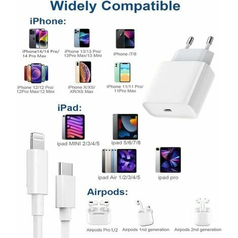 Chargeur iPhone et iPad [Certifié Apple MFi] 2 ports 20 W Chargeur rapide  USB C avec câble iPhone et iPad 2 M Alimentation prise adaptateur pour  iPhone 14/13/12/11/X/XS/XR/iPad Mini/Air/Pro : : High-tech