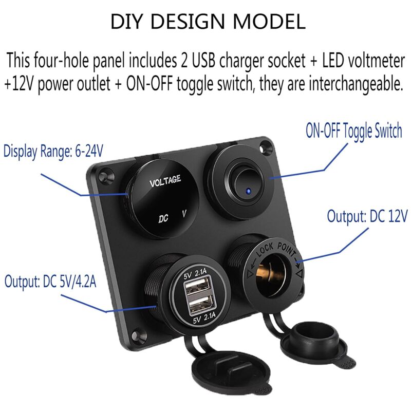 4 en 1 12V Panneau de commutation, 4.2A double prise de chargeur USB On /  off Panneau de bascule étanche avec voltmètre numérique Prise allume-cigare  LED pour Ca