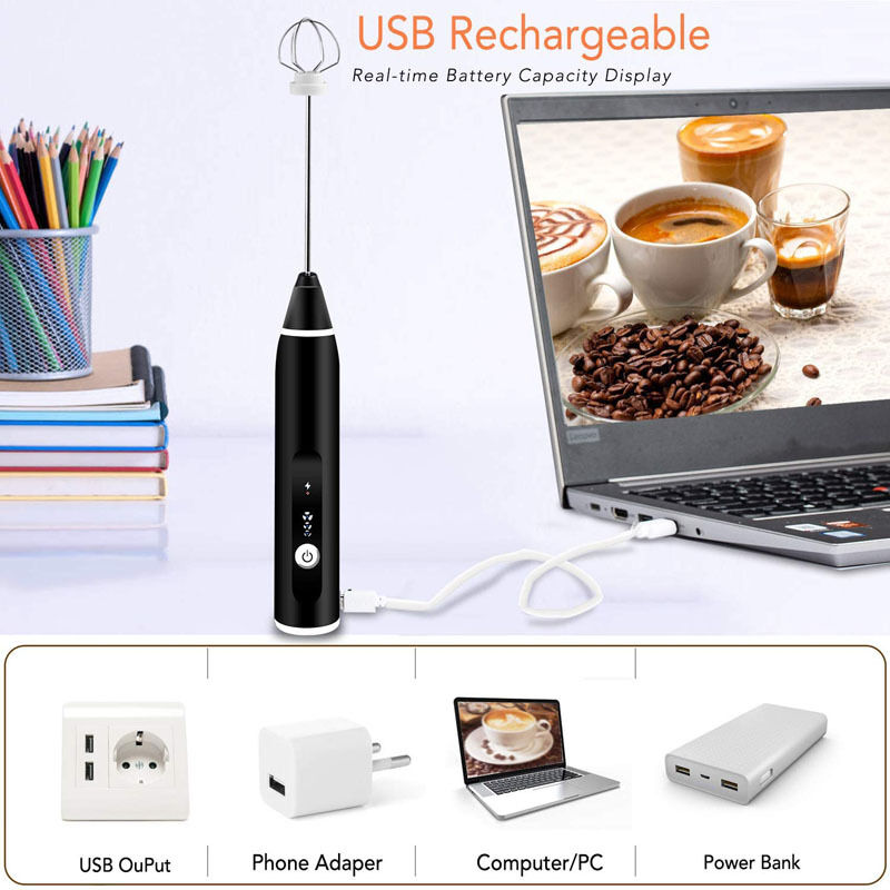 Mousseur à Lait électrique USB Rechargeable – Fouet Inox 304, Poignée Antidérapante – Pour Latte, Cappuccino, Chocolat Chaud – Noir