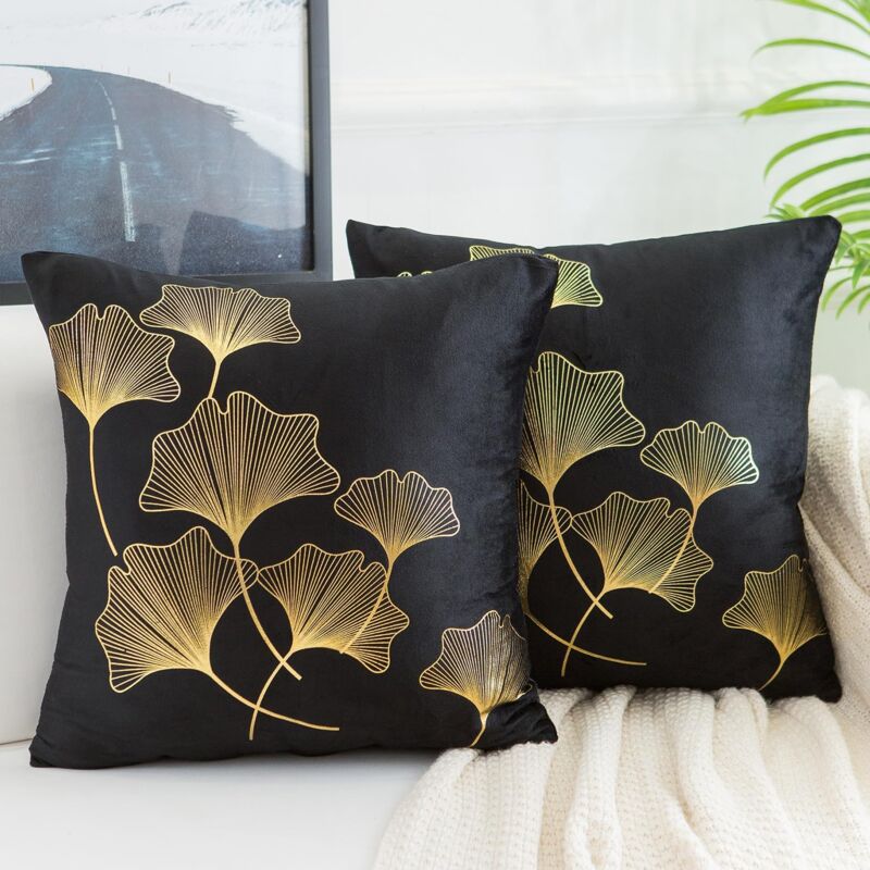 Housses De Coussin 45x45cm Velours - Lot De 4 - Motif Ginkgo Biloba - Déco Moderne Pour Canapé, Lit Ou Fauteuil