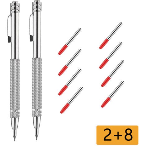 CCYKXA Pointe a Tracer Metal, 2 Pièces Stylo à Tracer de Poche avec 8 Pointes de Stylet, Stylo à Tracer avec Aimant avec Moletage Antidérapant, pour Bois, Céramique, Verre