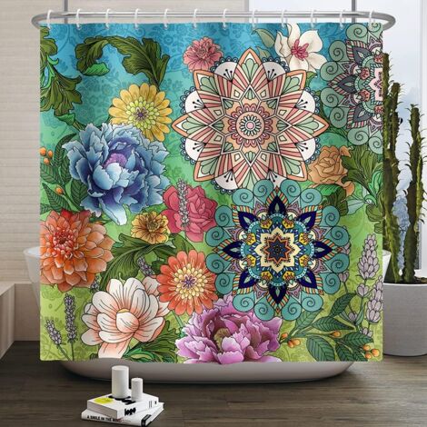 CCYKXA 180Lx180Hcm Rideau de Douche Abstrait Bohême Fleurs Feuillage Rideau de Baignoire Anti Moisissure Imperméable Tissu Polyester Lavable Rideau Salle de Bain avec 12 Crochets