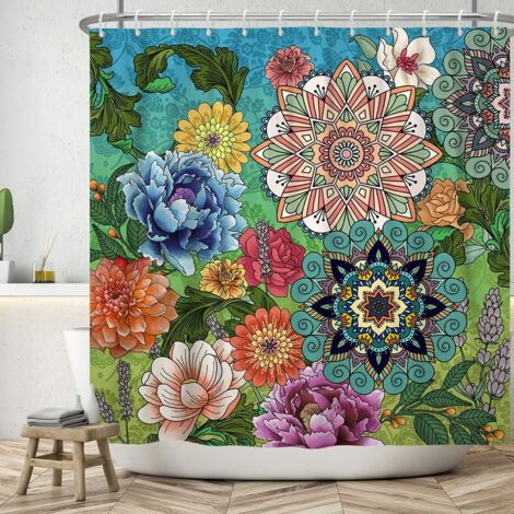 CCYKXA 180Lx180Hcm Rideau de Douche Abstrait Bohême Fleurs Feuillage Rideau de Baignoire Anti Moisissure Imperméable Tissu Polyester Lavable Rideau Salle de Bain avec 12 Crochets