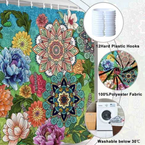 CCYKXA 180Lx180Hcm Rideau de Douche Abstrait Bohême Fleurs Feuillage Rideau de Baignoire Anti Moisissure Imperméable Tissu Polyester Lavable Rideau Salle de Bain avec 12 Crochets