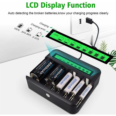 Chargeur de Piles Universel LCD, Chargeur Universel pour piles  rechargeables AA/AAA/C/D Ni-MH/Ni-Cd avec Entrée USB，Superma