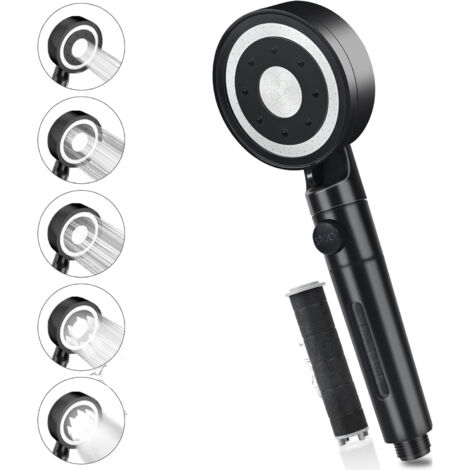 CCYKXA Pommeau de Douche Haute Pression,  Pommeau Douche Économie d'Eau Anti Calcaire, Douchette Douche Filtrant avec 5 Modes de Jet, Chrome, Noir