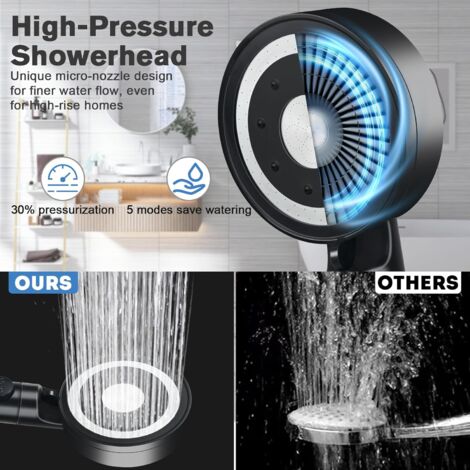 CCYKXA Pommeau de Douche Haute Pression,  Pommeau Douche Économie d'Eau Anti Calcaire, Douchette Douche Filtrant avec 5 Modes de Jet, Chrome, Noir