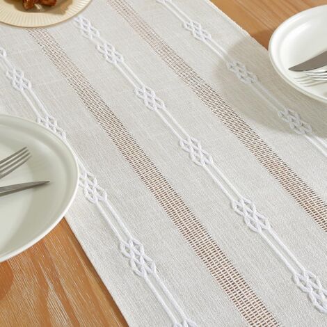 CCYKXA Broderie Coton Lin Chemin de Table Intérieur Extérieur Ferme Style Café Chemin de Table 180cm avec Glands à la Main pour Pique-Nique, Fête, Cuisine, Mariage 33180CM-Beige
