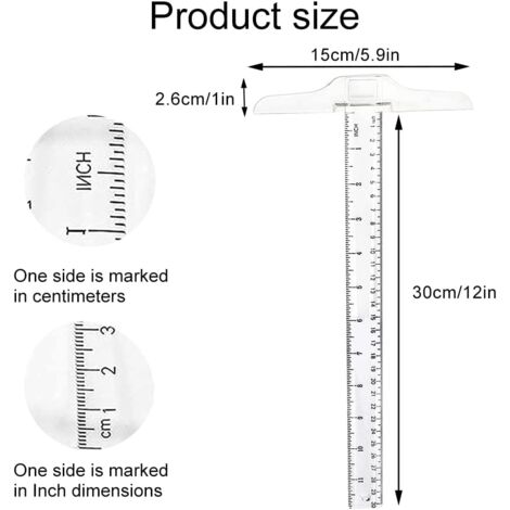 Règle En T Plastique Transparent 30cm - Double Graduation CM/Pouces