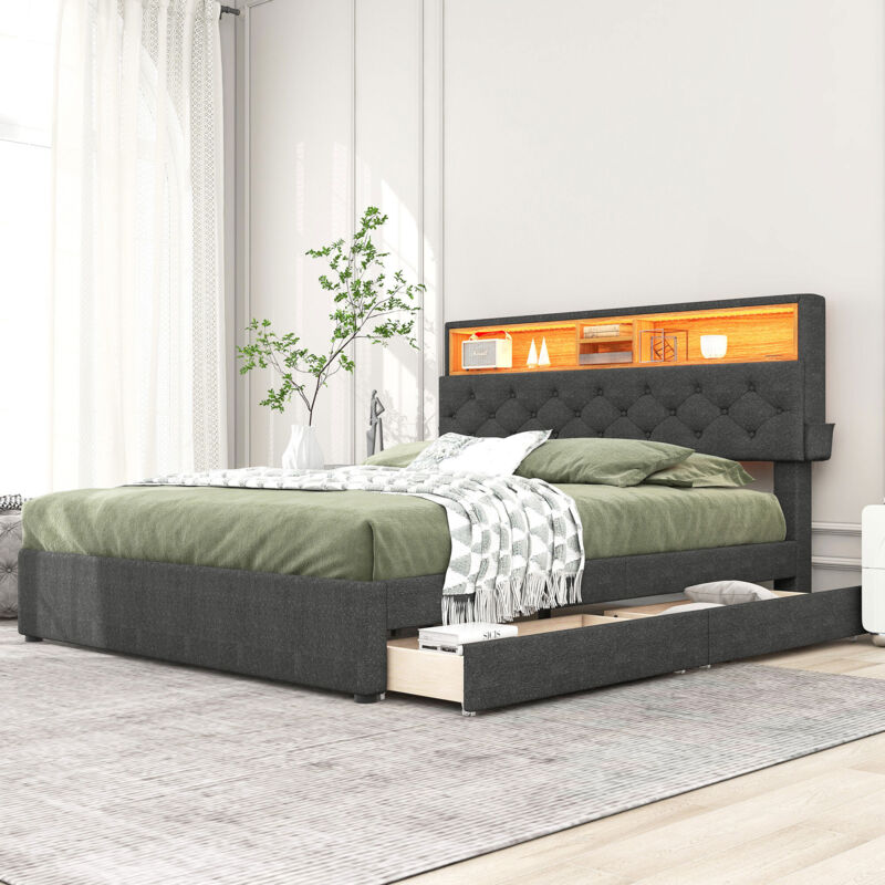 BRYXR Lit Tapissé 140 X 200 Cm Avec éclairage LED Et Chargement USB, Lit Double Avec Rangement Hydraulique, Sommier Stable, Sans Matelas, Polyuréthane Noir