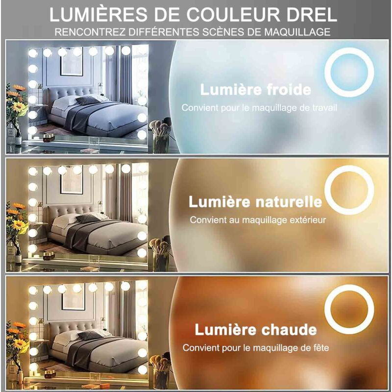 VOWNER Miroir Maquillage Hollywood Lumineux LED 15 Lumières - 58x46 Cm Blanc Avec Loupe 10x