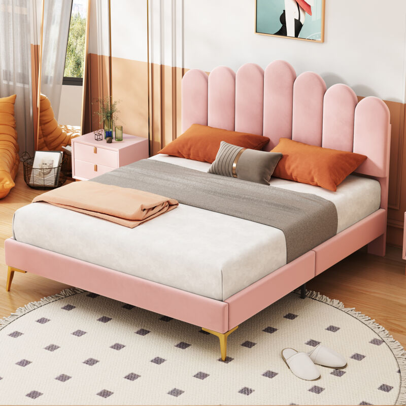 Lit Enfant Fille Lit Enfant 140x200 Cm, Lit Double Rembourré Avec Tête De Lit En Forme De Fleur, Cadre De Lit Capitonné 140x200cm, Sommier, Beige - Maison Lits Pour Enfants