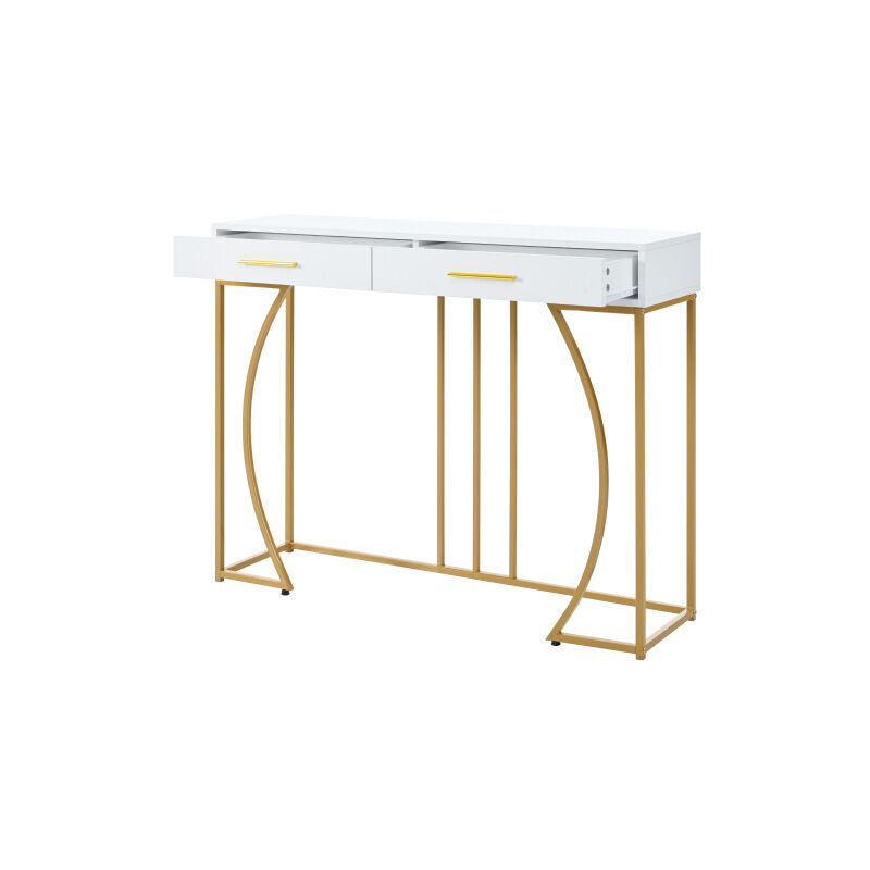 Merax Table Console Élégante Blanc Et Doré - Meuble D'Entrée Avec 2 Tiroirs Et Pieds Réglables