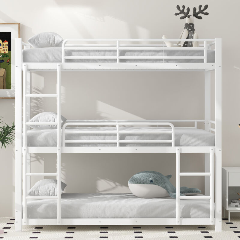 Lit Superposé Triple 90x200 Cm - Cadre En Fer Avec Sommier à Lattes - Pour Enfants, Ados, Adultes - Capacité 120 Kg Par Lit - Blanc/métal - 9