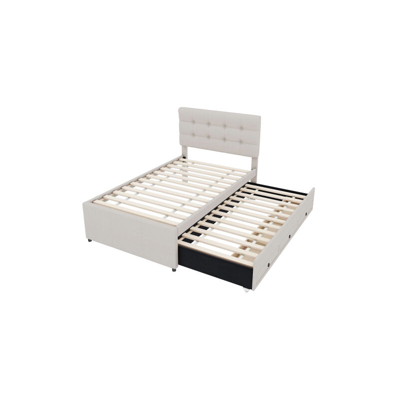 Lit Enfant 90x190 Avec Tête De Lit Rembourrée Et Lit Gigogne Intégré - Velours Beige, Sommier à Lattes, Capacité 150 Kg - Chambre Enfant Spacieuse Et Pratique