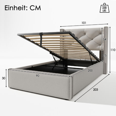 Lit coffre 90x200 cm lit simple rembourré, lit adulte avec sommier à lattes en métal, grand espace de rangement, en coton, gris clair, sans matelas