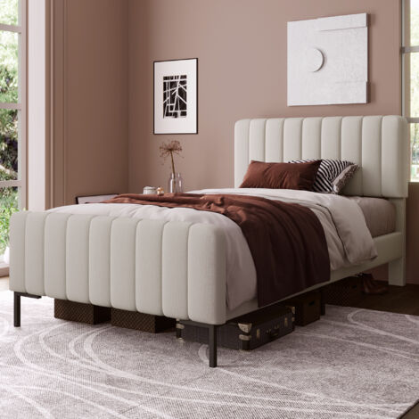 Lit simple rembourré 90 x 200 cm, cadre de lit avec sommier à lattes et tête de lit réglable, beige, lit d'adolescent pour chambre à coucher, chambre d'amis, tissu en lin OKWISH