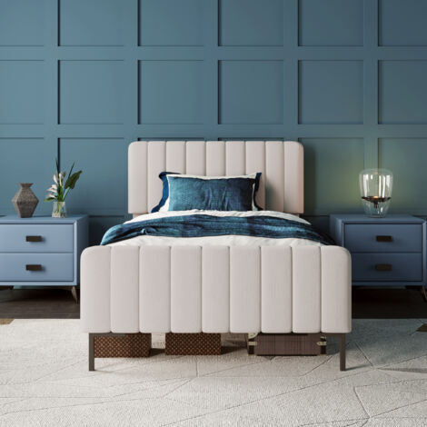 Lit simple rembourré 90 x 200 cm, cadre de lit avec sommier à lattes et tête de lit réglable, beige, lit d'adolescent pour chambre à coucher, chambre d'amis, tissu en lin OKWISH