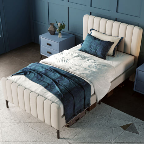 Lit simple rembourré 90 x 200 cm, cadre de lit avec sommier à lattes et tête de lit réglable, beige, lit d'adolescent pour chambre à coucher, chambre d'amis, tissu en lin OKWISH