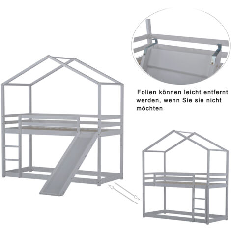 Lit Superposé Enfant Avec Toboggan - Lit Maison 140x200cm En Pin Massif - Gris - Pour Garçons Et Filles - 9