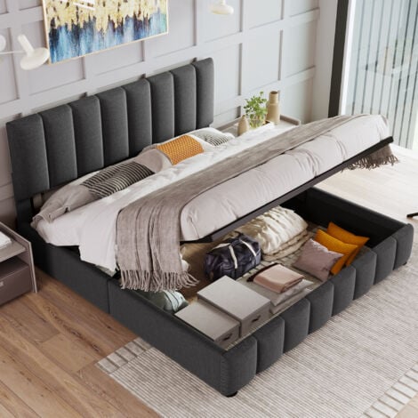 Lit coffre 140x200 cm, lit double adulte avec rangement, tête de lit réglable et sommier à lattes, tissu en lin, sans matelas
